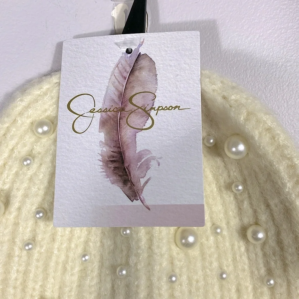 🌸 Jessica Simpson Cozy Knit Cuffed Cream Beanie with Pearls